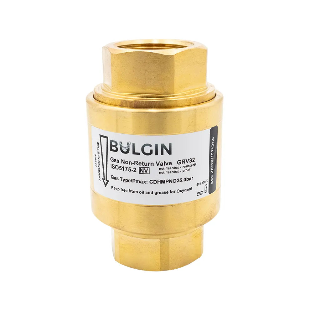 Bulgin GRV32 brass gas check valve with 1-inch BSP female fitting, used for safety and flow control in gas systems.