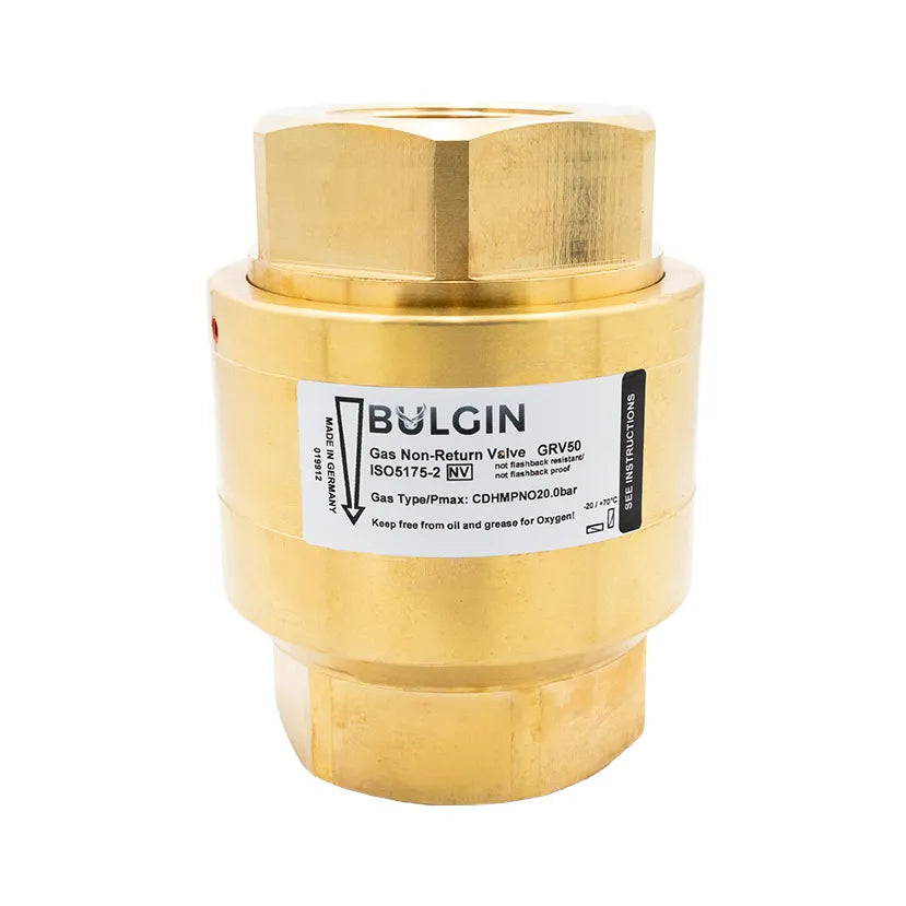 Bulgin GRV50 brass gas check valve with 1.5-inch BSP female fitting, designed for safety and gas flow control in plumbing systems.