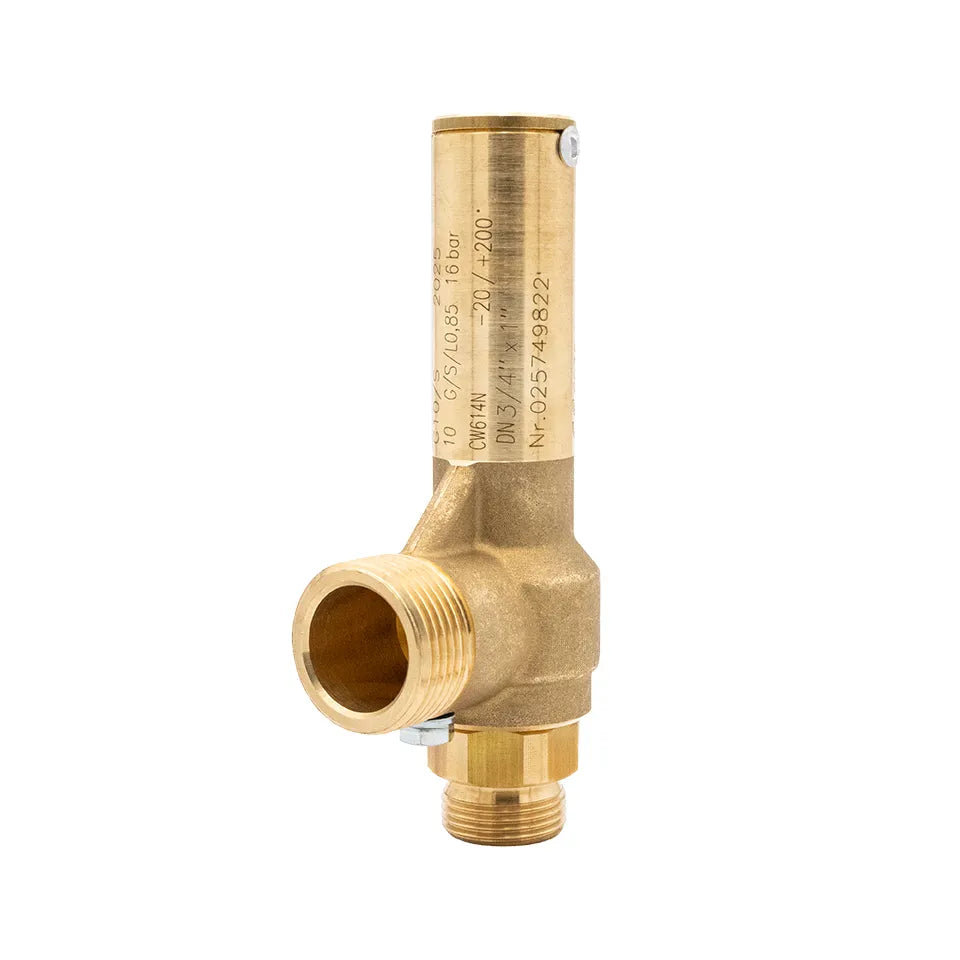 Bulgin G10/S brass gas pressure relief valve with 3/4" BSP male fitting, designed for safety relief at 16 bar pressure.