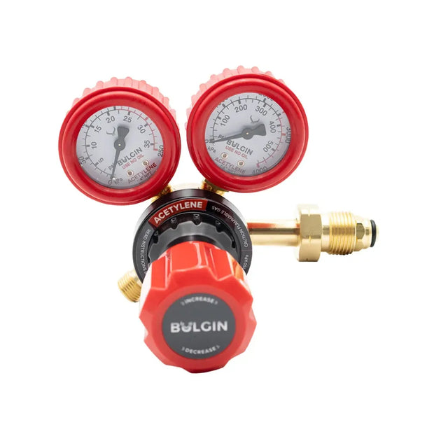 Bulgin acetylene gas cylinder regulator with side entry, 0–150 kPa pressure, for industrial welding and gas control applications.