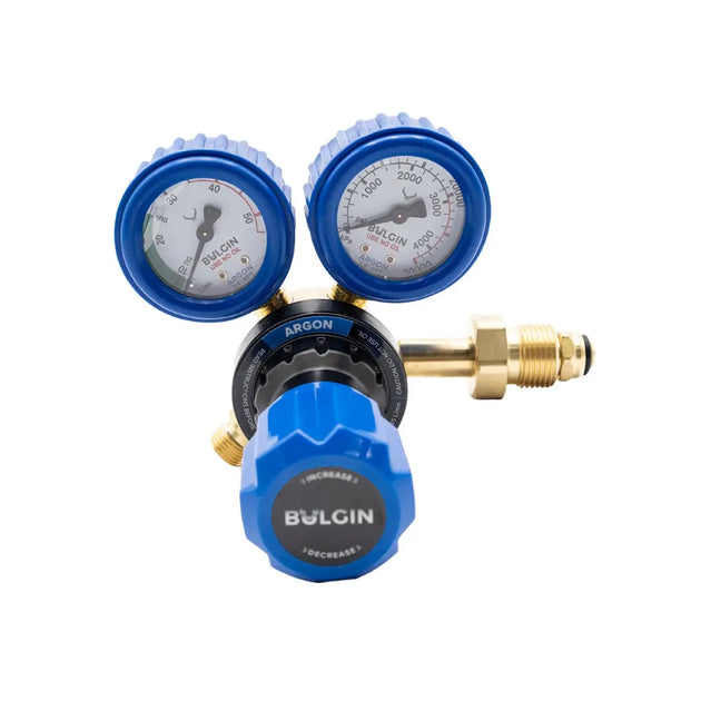 Bulgin Argon gas cylinder regulator with flow gauge, side entry type, 0–35 LPM flow capacity, for precise flow control.
