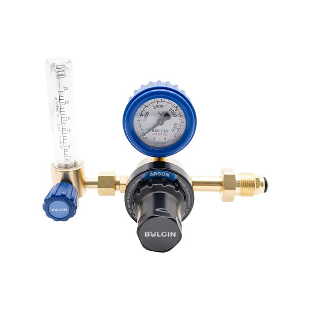 Bulgin argon gas cylinder regulator with flowmeter, side entry, 0–25 LPM flow rate, used for precise gas control.