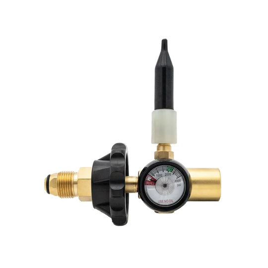 Bulgin helium balloon gas cylinder regulator with handwheel and Type 10 connection, used for controlling helium flow.