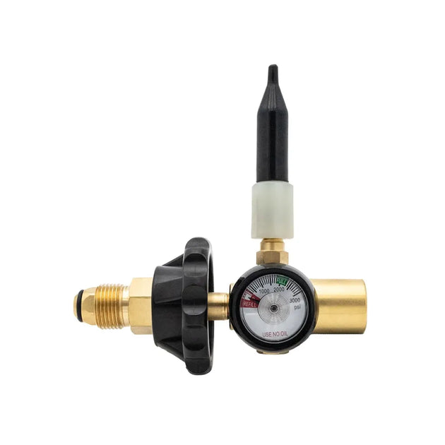 Bulgin helium balloon gas cylinder regulator with handwheel and Type 10 connection, used for controlling helium flow.