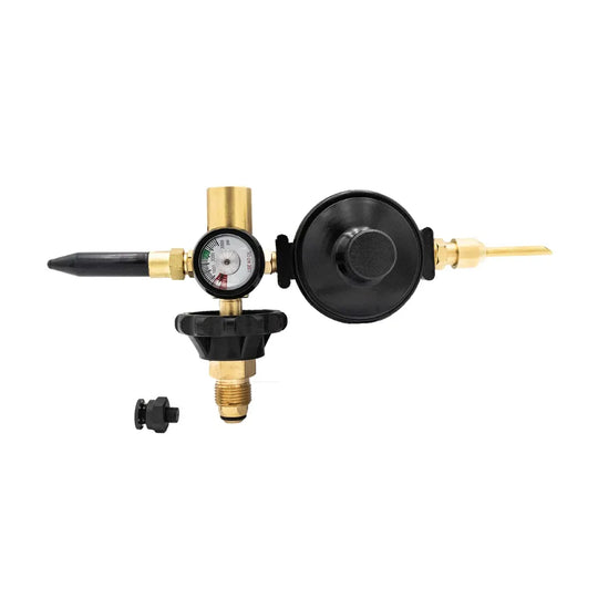 Bulgin helium balloon regulator with dual fill handwheel, Type 10 connection, used for controlling helium flow to foil and latex balloons.