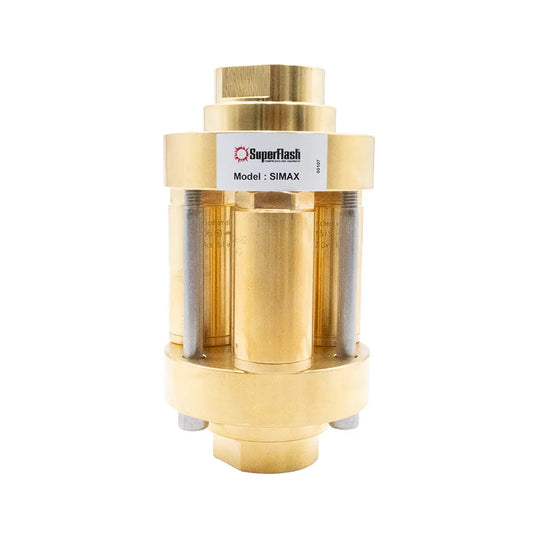 Bulgin Superflash Simax 3 high flow fuel gas flashback arrestor with 1-inch NPT female inlet and outlet for safety and protection.