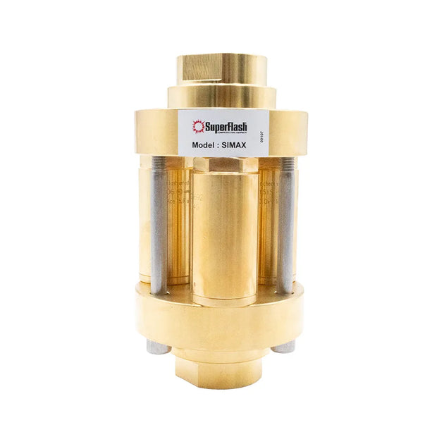 Bulgin Superflash Simax 3 high flow oxygen gas flashback arrestor with 1-inch NPT female inlet and outlet for safety.