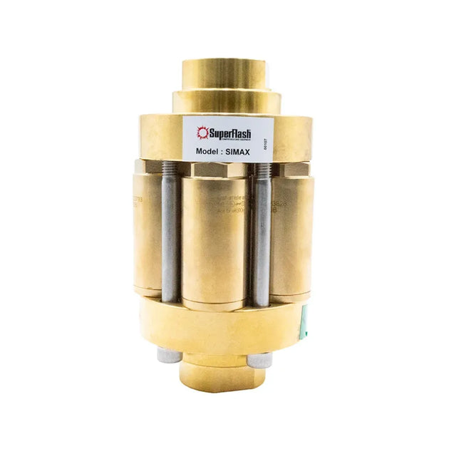 Bulgin Superflash Simax 5 high flow oxygen gas flashback arrestor with 1" NPT female inlet and outlet, safety valve for gas protection.