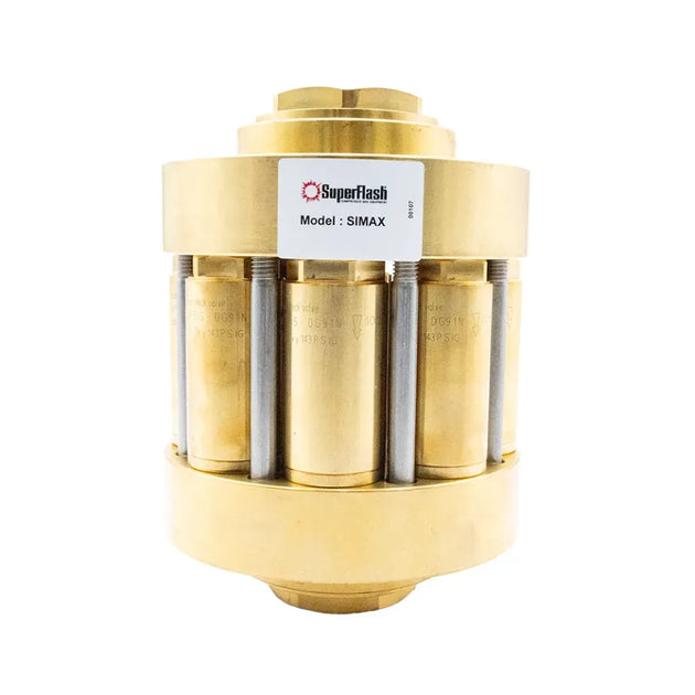 Bulgin Superflash Simax 8 high flow oxygen gas flashback arrestor with 1-inch NPT female inlet and outlet for safety.