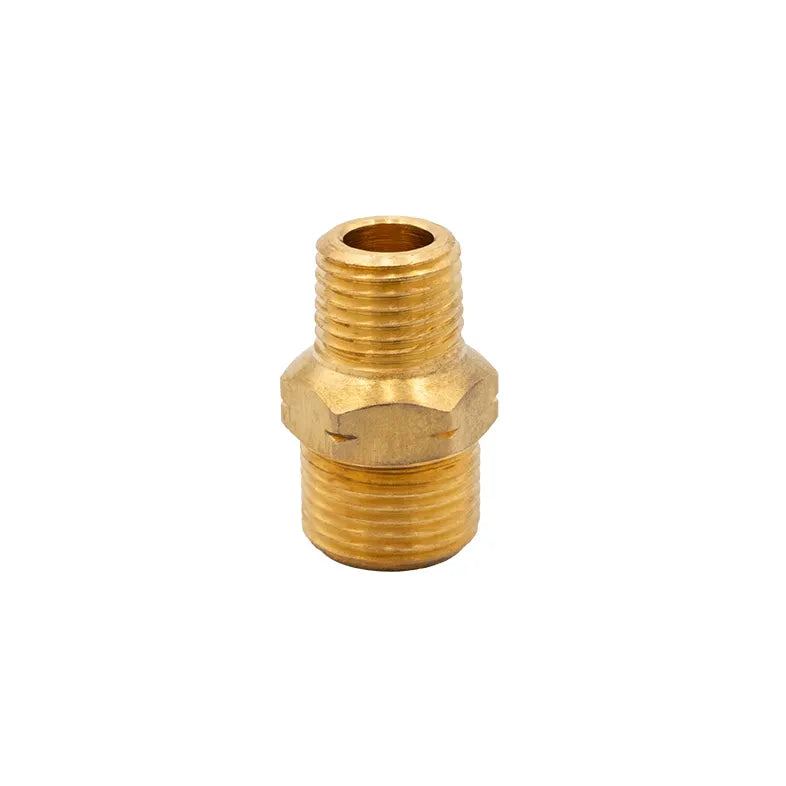 Bulgin brass gas adaptor with 1/4 inch NPT male and 5/8-18 UNF LH male fittings, suitable for plumbing and industrial use.